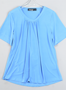 外贸精品短袖T恤女6.3L82634圆领套头条褶纯色百搭凉感休闲上衣夏