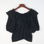 衬衫 短款 设计感小众露肩泡泡袖 日单一字肩荷叶边上衣女H84253夏季