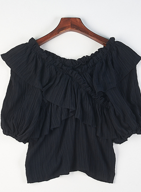 日单一字肩荷叶边上衣女H84253夏季设计感小众露肩泡泡袖短款衬衫