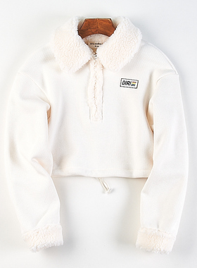 525高品质复古短款翻领卫衣潮女81553秋冬纯色半开领加绒长袖外套