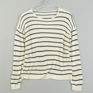 精品日单条纹短款镂空针织衫女L84140秋季垂顺文艺低圆领休闲上衣