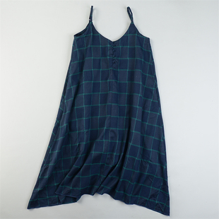 精品日单格纹吊带连衣裙L84652春秋新款 宽松遮肉显瘦A字大摆长裙