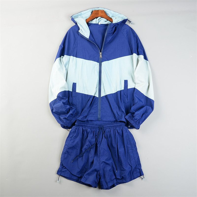 拼色复古运动风防晒套装女83495春夏轻机能风连帽防晒服上衣+短裤图片