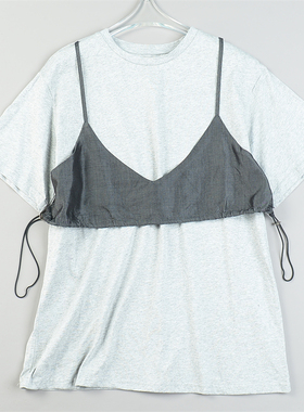 韩版拼接假两件纯棉短袖T恤女L84013小众设计感夏季宽松休闲上衣