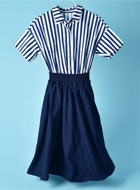 拼接假两件连衣裙23L70587减龄学院风A字裙夏季收腰条纹短袖裙子