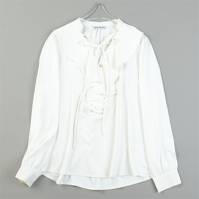 韩版系带荷叶领长袖白衬衫女L83870柔软垂顺气质夏秋新款休闲上衣