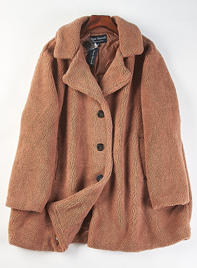 外贸简约仿羊羔绒西装领中长款大衣女H85612秋冬加厚保暖大码外套