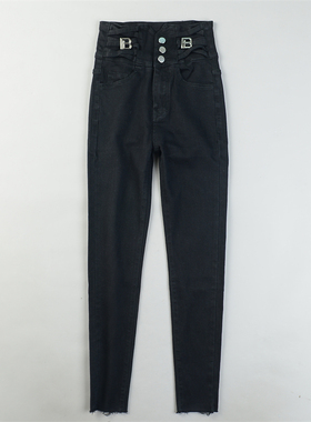 精品弹力紧身黑色牛仔长裤女L85365高腰提臀瘦腿裤新款毛边小脚裤