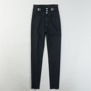 毛边小脚裤 新款 女12.30L85365高腰提臀瘦腿裤 精品弹力紧身牛仔裤