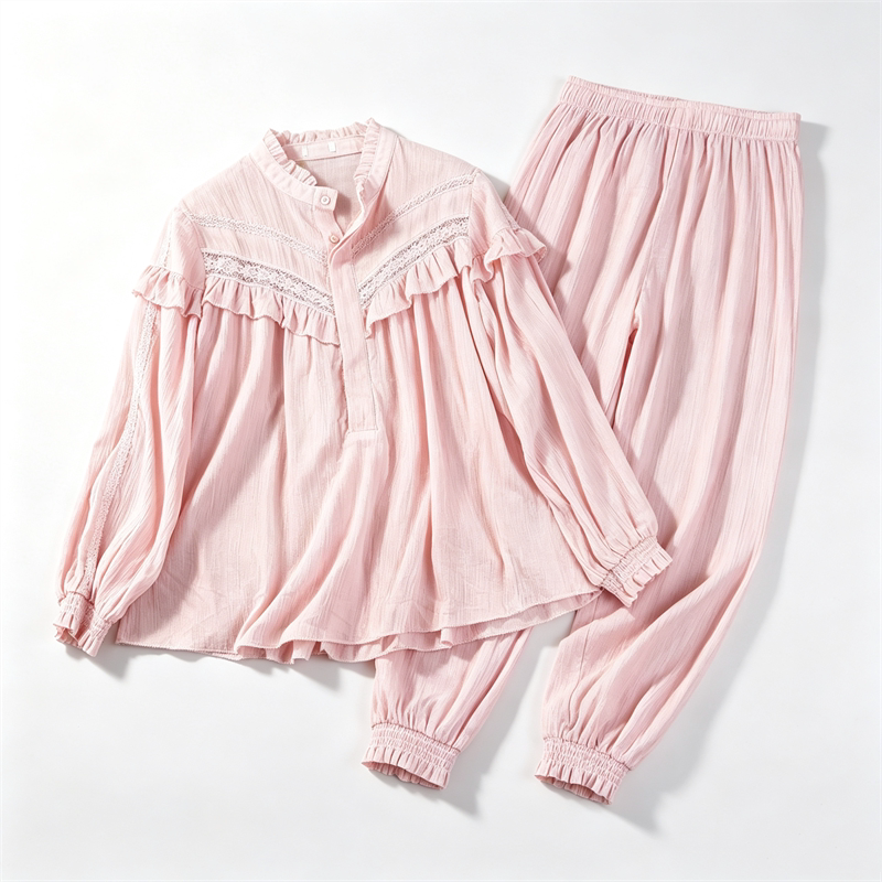 日系甜美风立领半开襟家居服套装女8.18L87520亲肤棉纱质两件套秋图片