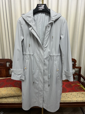 浅灰色连帽风衣女中长款春秋款抽绳收腰派克服皮宽松休闲女士外套