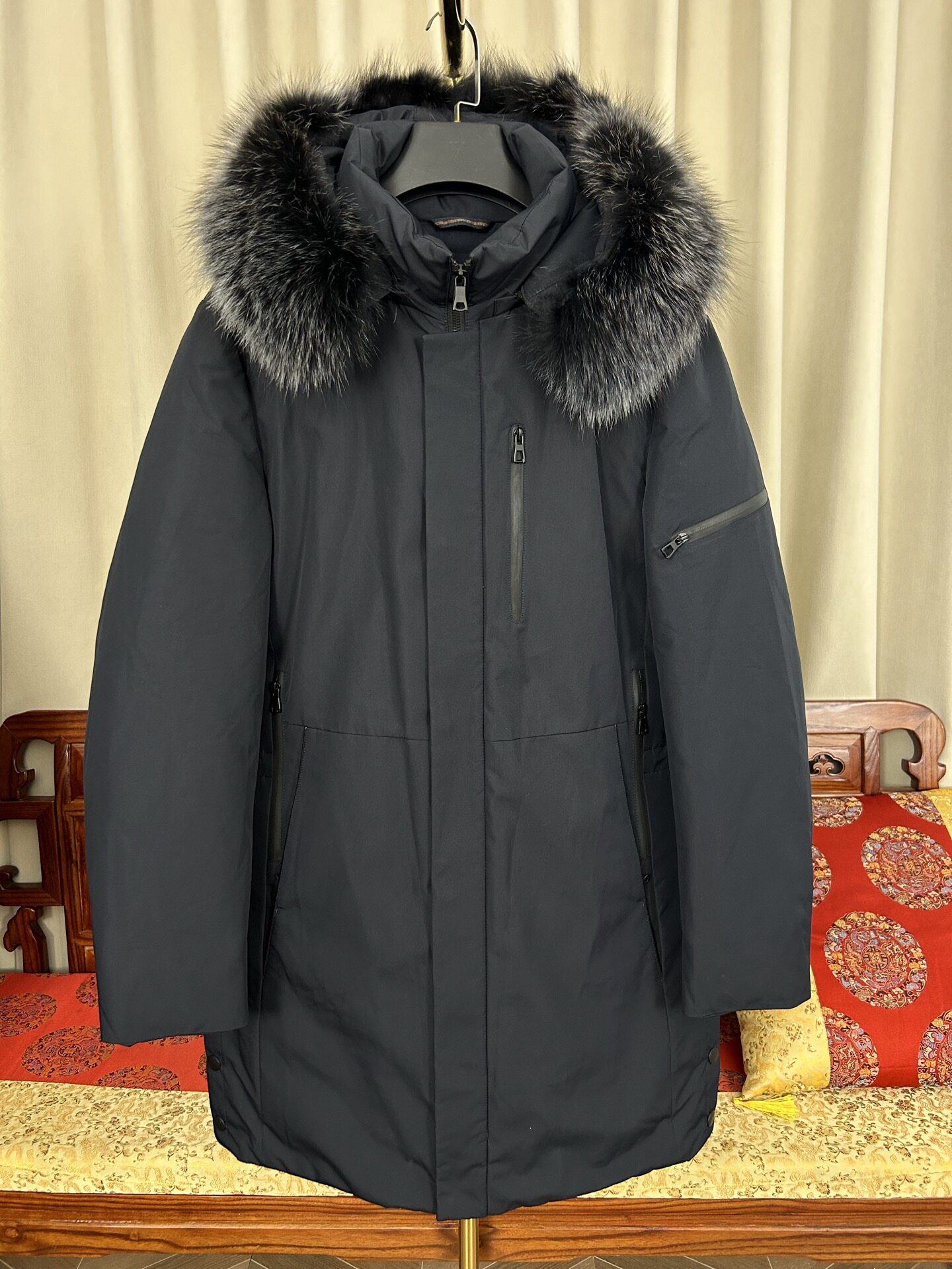 外贸原单样衣男士大版羽绒丝棉连帽黑色狐狸毛领可拆卸派克服特价