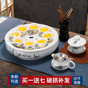 家用陶瓷简约圆形茶盘茶壶 整套高温白瓷潮汕现代功夫小型茶具套装