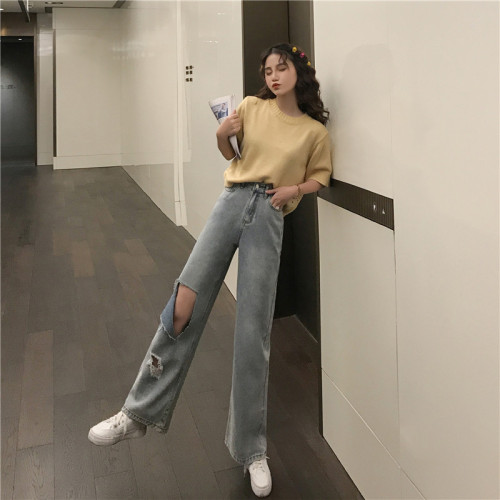 Controlled price 43 real Hong Kong-flavor summer high waist thin hole beggar thin Jeans Straight trousers nine-minute pants