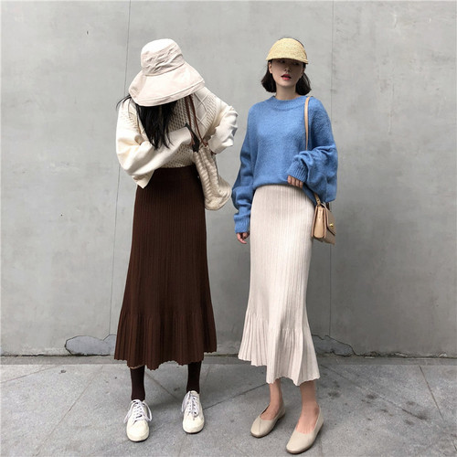 Actual video has been detected autumn dress Korean version skinny knitted fish tail half-length skirt