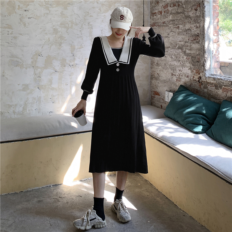 Real shot ~ Navy collar knitted dress women's loose and thin in autumn and winter