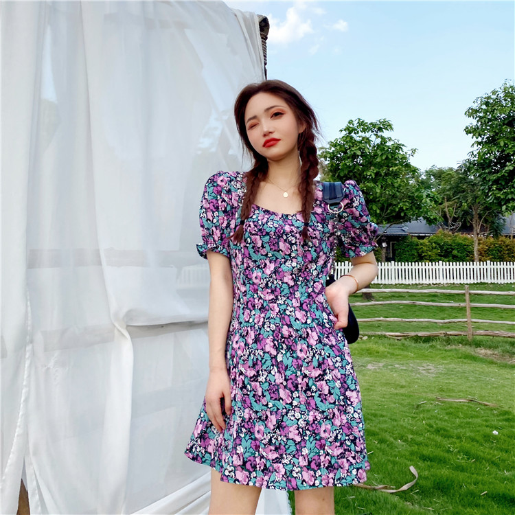 Real price real shot video French retro square neck dress in spring and summer