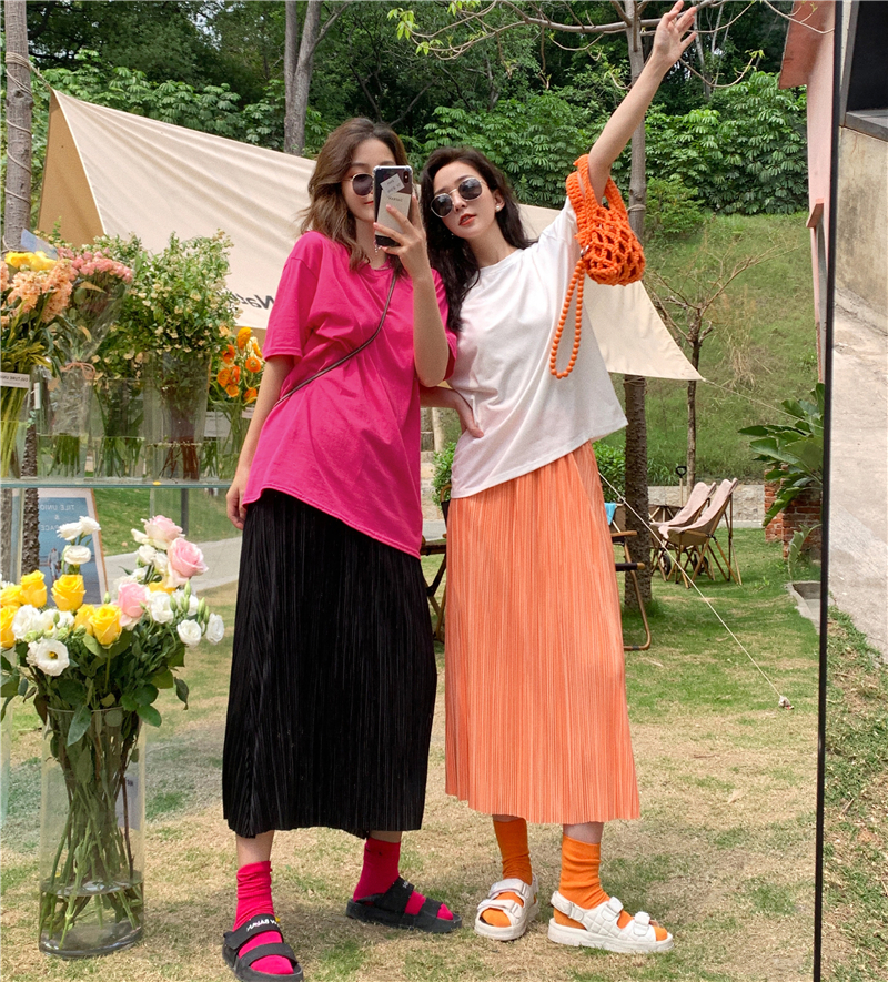 實拍~2021夏季新款時髦感百褶裙高腰寬鬆顯瘦半身裙女長裙