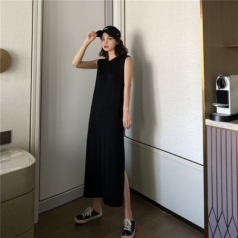 Real shooting new year's spring collar versatile hem split length simple vest dress