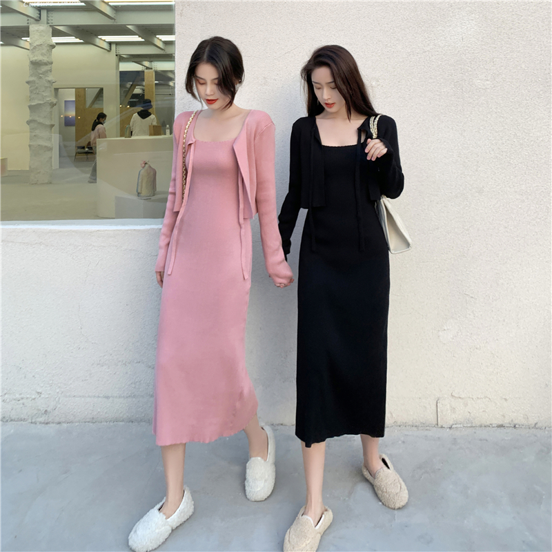 Real shooting ~ #2021 spring new knitted cardigan coat + suspender dress two piece suit