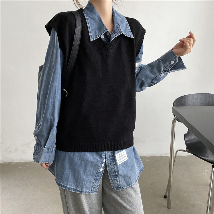 ! Real shot ~ knitted vest women's autumn retro loose and versatile sleeveless V-Neck Sweater Vest