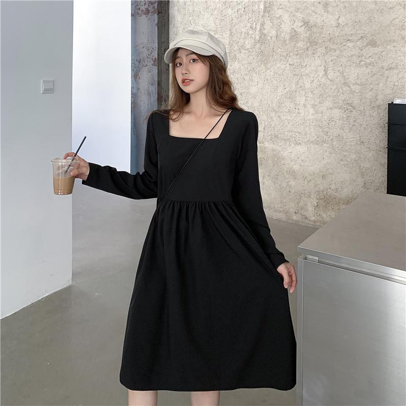 Real shot spring and summer new style square neck clean face loose doll long sleeve medium length dress