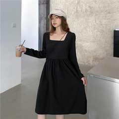 Real shot spring and summer new style square neck clean face loose doll long sleeve medium length dress