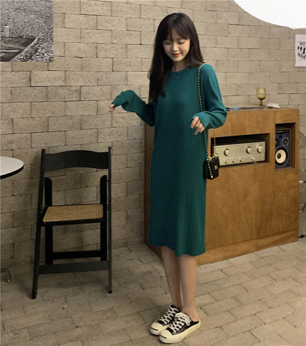 Real price and real shooting autumn new wanrenfan dress round neck straight tube loose knit bottomed skirt women