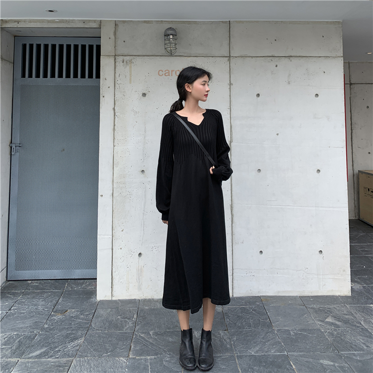 Long over knee Lantern Sleeve watch out for machine wool dress loose bottomed knitted dress