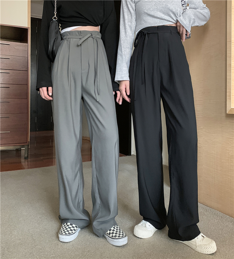 Real shot of spring new Korean version lace up loose straight pants wide leg pants female