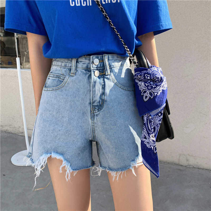 Real price real shot spring new Korean high waisted thin flannel word denim shorts