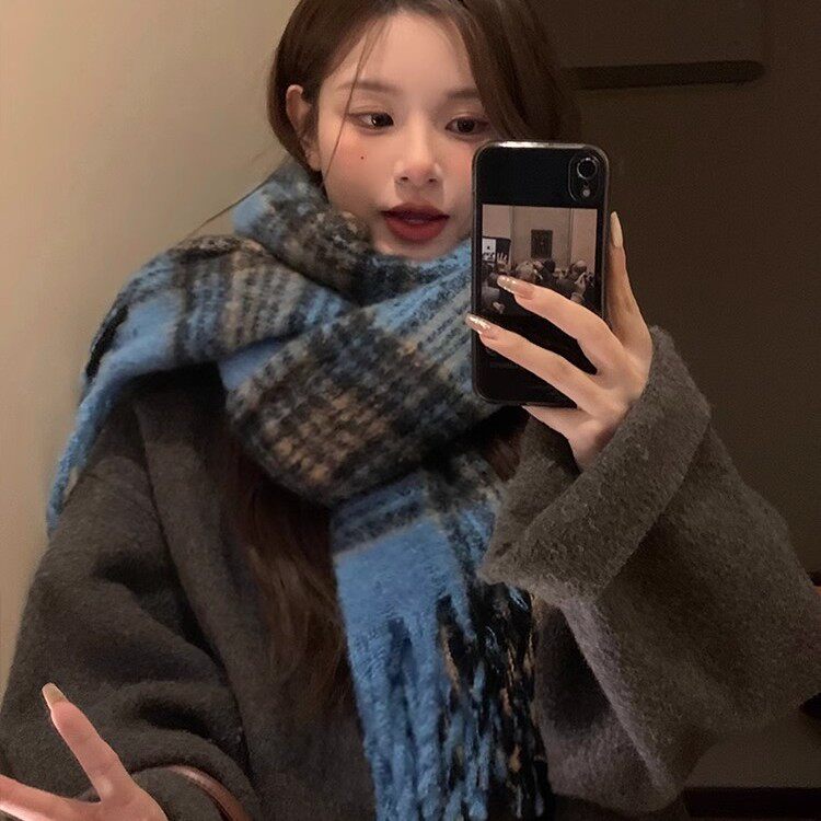章若楠同款蓝色格子大围巾披肩两用高级感韩版冬季仿羊绒保暖围脖
