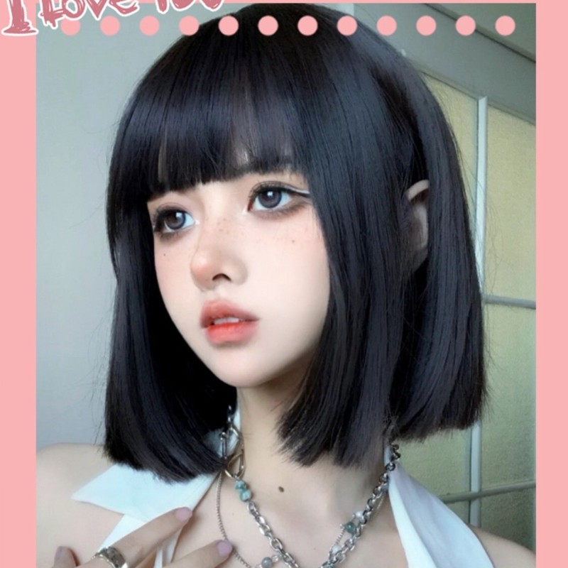 韩版时尚假发女短发空气刘海短直发一刀齐发尾日常黑色整顶全头套