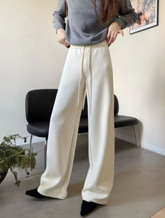 加绒版 新 女 桑蚕丝绵羊毛抽绳直筒休闲裤 欧洲站2025秋新款