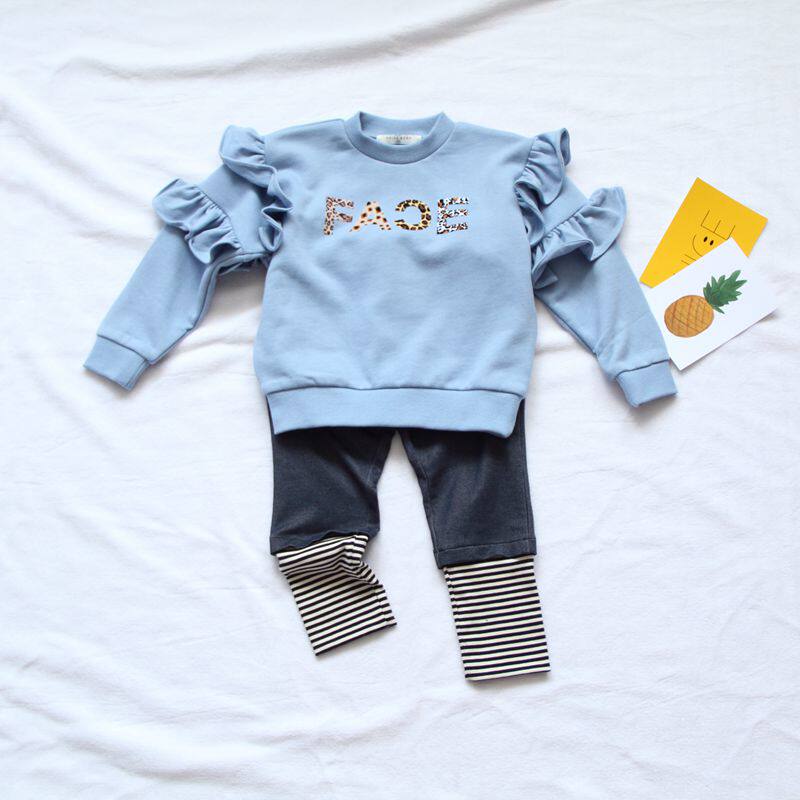 韩国童装女童豹纹字母卫衣19新款儿童纯棉木耳花边袖套头t恤上衣