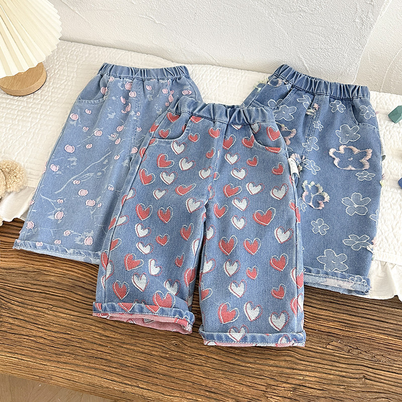 春秋女童新款洋气牛仔阔腿裤外穿童装裤子