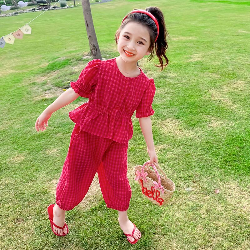 夏季新款女童时髦洋气红格子短袖套装休闲火龙果色套装