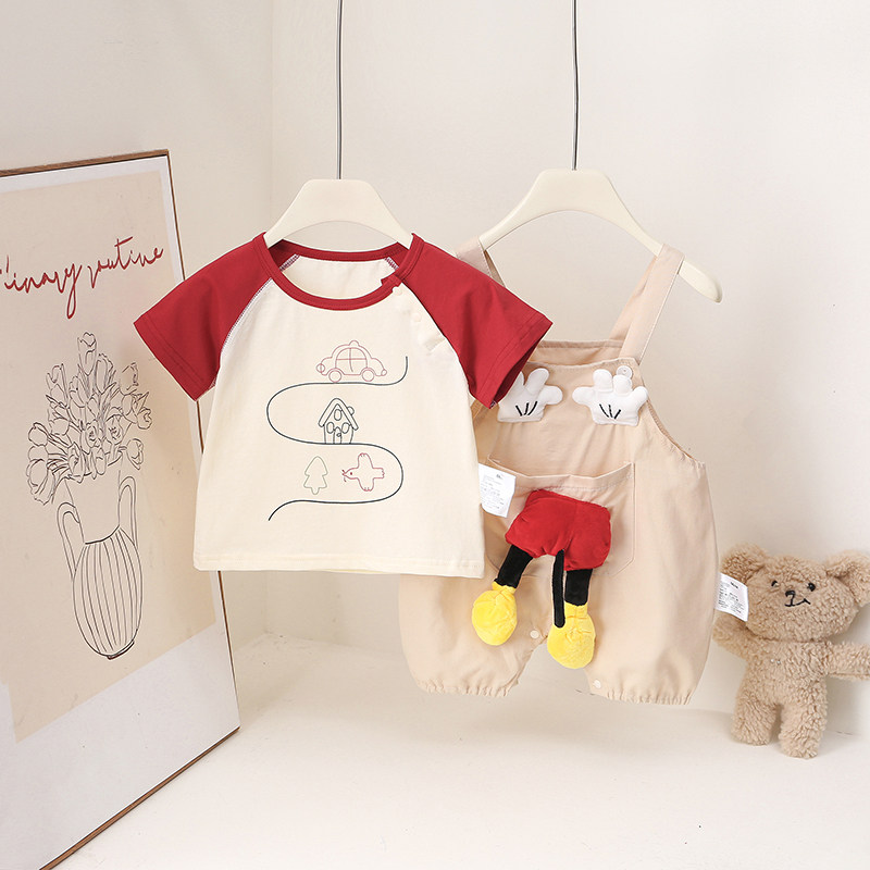 夏季新款可爱风婴儿立体玩偶半袖背带裤套装男女宝宝外出服