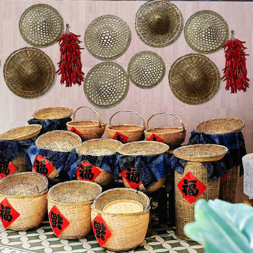 竹编箩筐饭店明档商用蔬菜摆放展示箩农产品土特产陈列堆头大竹筐