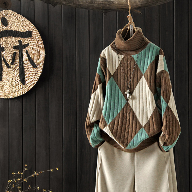 涧蓝原创菱格高领毛衣加厚打底衫女2018新款文艺宽松套头打底毛衣在类目 女装/女士精品, 毛衣中 - 来自Buy2taobao.com提供专业的淘宝代购服务