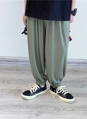 童童妈定制男童休闲宽松优可丝军绿灰色薄软弹防蚊裤束脚夏季长裤