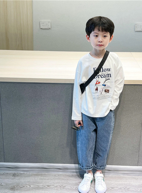 童妈定制男女童韩版宽松纯棉follow dream白色T恤圆领长袖春秋装