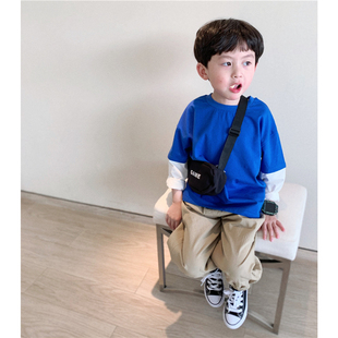 童童妈定制男童韩版宽松纯棉假两件T恤儿童长袖宝宝潮上衣春秋装