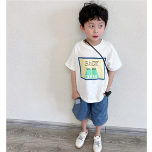 童童妈定制男女童韩版宽松纯棉白色蓝绿印花清新短袖圆领夏季T恤