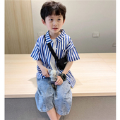 夏季 衬衣儿童水洗棉布衬衫 宽松纯棉蓝条纹短袖 童妈定制男女童韩版