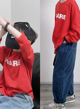 童童妈定制男女童韩版宽松纯棉红色复古字母WEARE长袖T恤春秋装