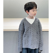 秋冬装 针织衫 宽松灰色V领麻花毛衣慵懒长袖 童童妈定制男女童韩版