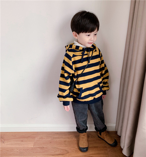 童童妈定制男女童韩版宽松条纹加绒卫衣首尔棉厚实连帽卫衣冬装