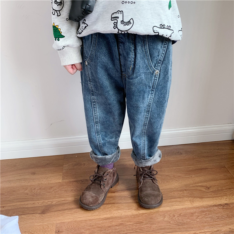 童童日系宽松男女冬装加绒牛仔裤
