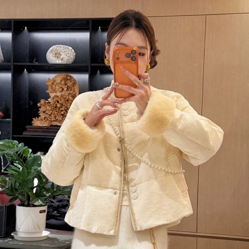 静茹冬装新中式国风提花圆领单排扣保暖羽绒服外套WW11231